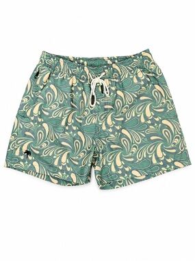 OAS Swim Trunks Swirl Print Mens‎ Small Green Retro Tropical Boho Beachwear